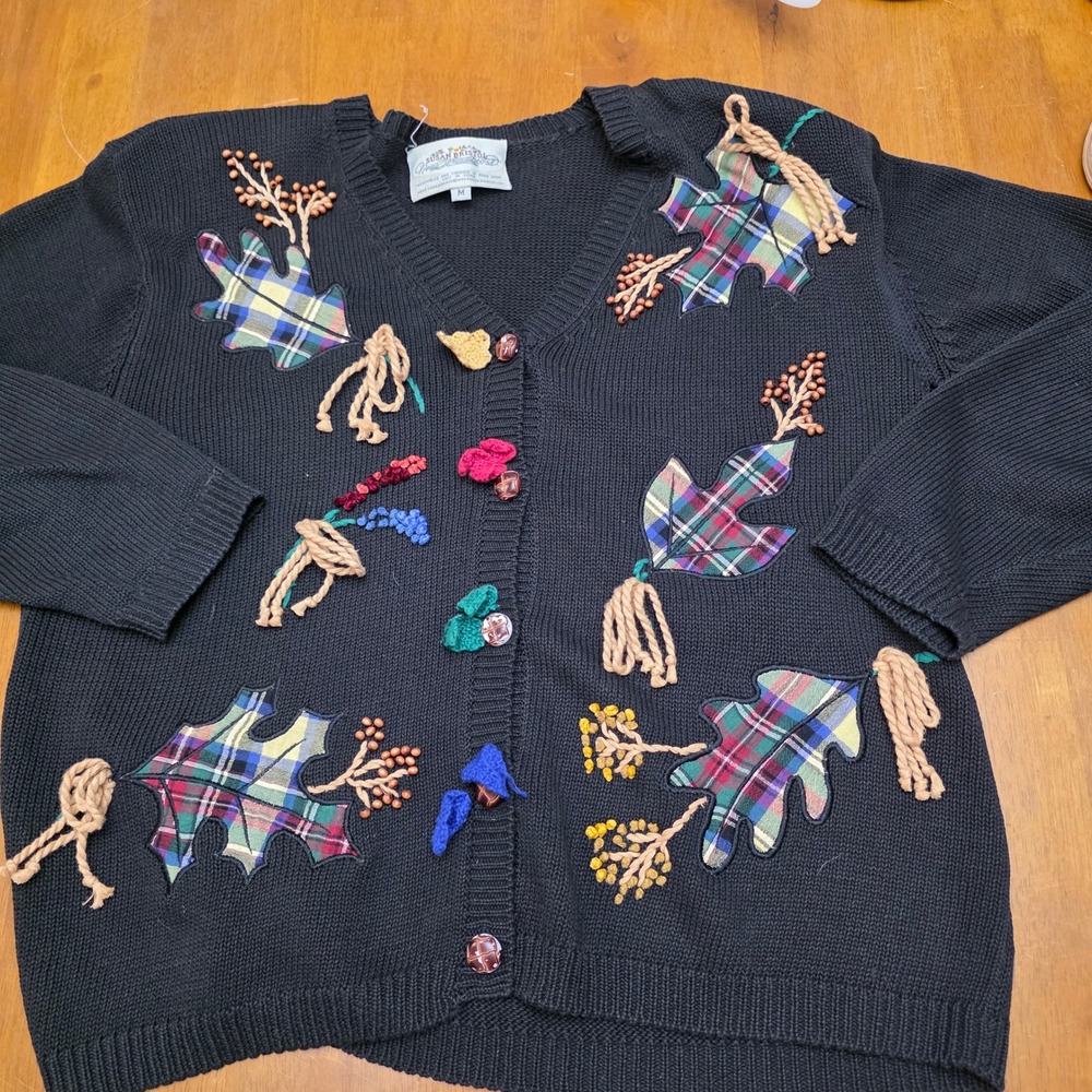Vintage Susan Bristol New Traditions Cardigan Sweater Leaves Embellished M FLAWS